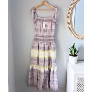 TORY BURCH Smocked Silk Maxi Dress, Bow Straps, Purple, 100 % Silk, size 6, NWT